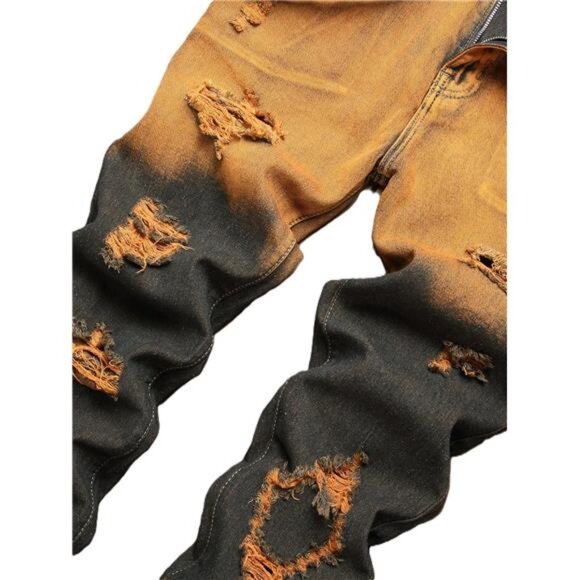 Men's Ripped Jeans Regular Fit Distressed Slim Straight Leg Stacked Biker - Picture 3 of 5